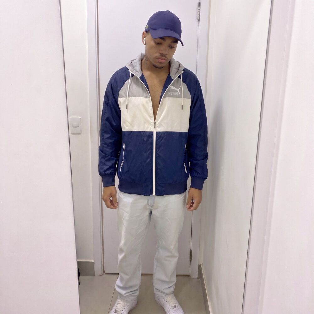 Puma Vintage Heritage Wind Jacket Windbreaker Navy Blue White Rare Large